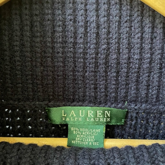 Lauren Ralph Lauren navy blue wool blend poncho with brown leather trim - Picture 2 of 6